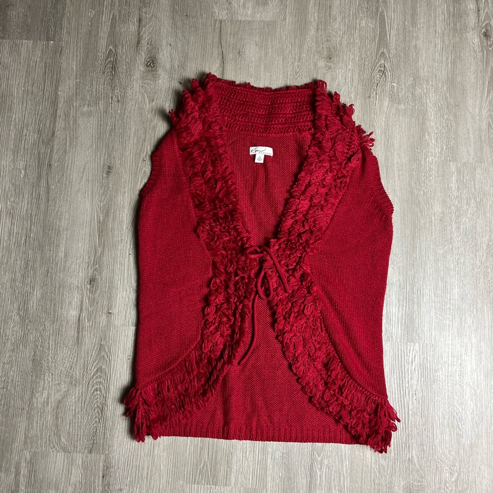 Kim Rogers Red Acrylic Sleeveless Sweater Vest Fuzzy Detail Ties Size Large